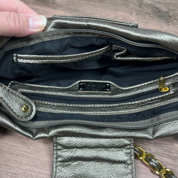 Hananel Shoulder Bag Women Pewter Metallic Studded Bow Chain Strap - Picture 8 of 16